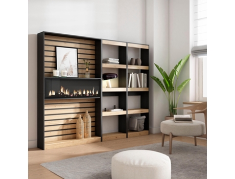 Librería estantería 230x186x25cm Salón Comedor Oficina Chimenea eléctrica Roble y negro