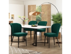 Mesa de 140 cm con 4 sillas, terciopelo verde oscuro, estilo moderno.