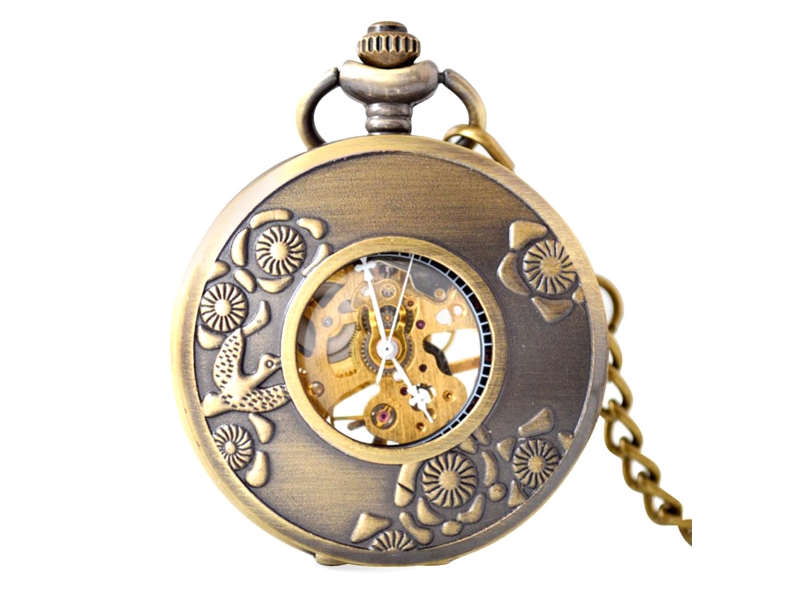 Reloj De Bolsillo Mecánico Retro De Aleación Plateado Color Cobre Hueco Con Cadena