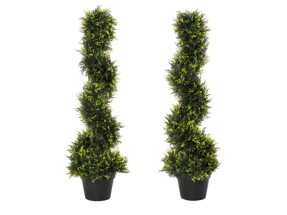 Juego de 2 cedros artificiales grandes de 90 cm. Plantas artificiales de plástico en maceta. Planta en espiral. Parecen reales. Zkaka