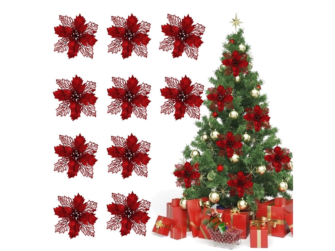 10 Flores Artificiales De Nochebuena Con Purpurina, Decoración Navideña Reutilizable, 11 Cm.
