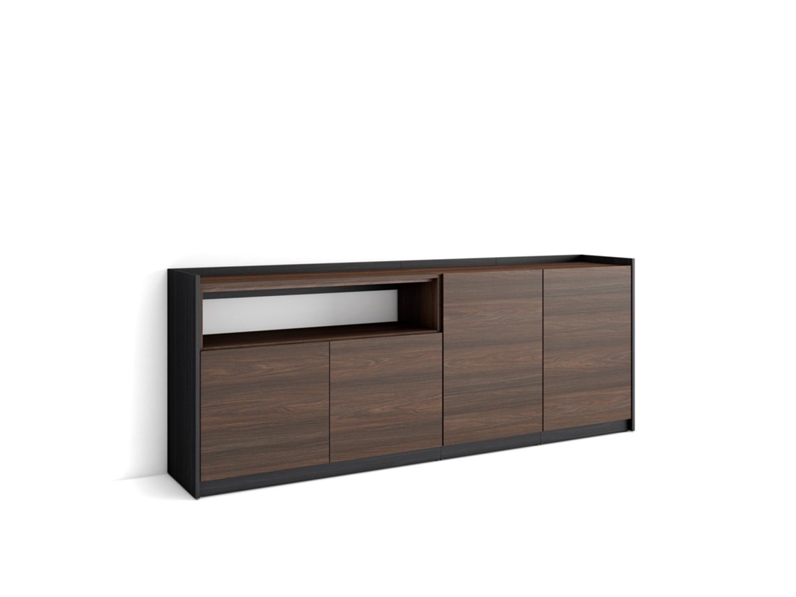 Aparador de comedor, 207x37x80cm, 4 puertas, armario de almacenamiento, roble oscuro y negro.