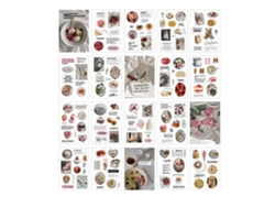 20 pegatinas decorativas temáticas para scrapbooking con motivos de manuales, moda, comida y suministros.