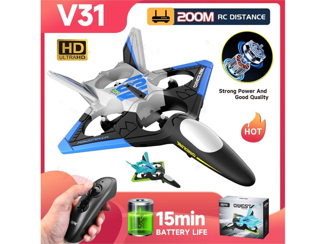 Avión planeador de espuma Bestvite V31 con cámara 4K (15 min de duración, 2 baterías, azul)