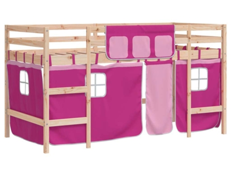 Cama alta para niños VIDAXL con cortinas madera pino rosa (90x200 cm)