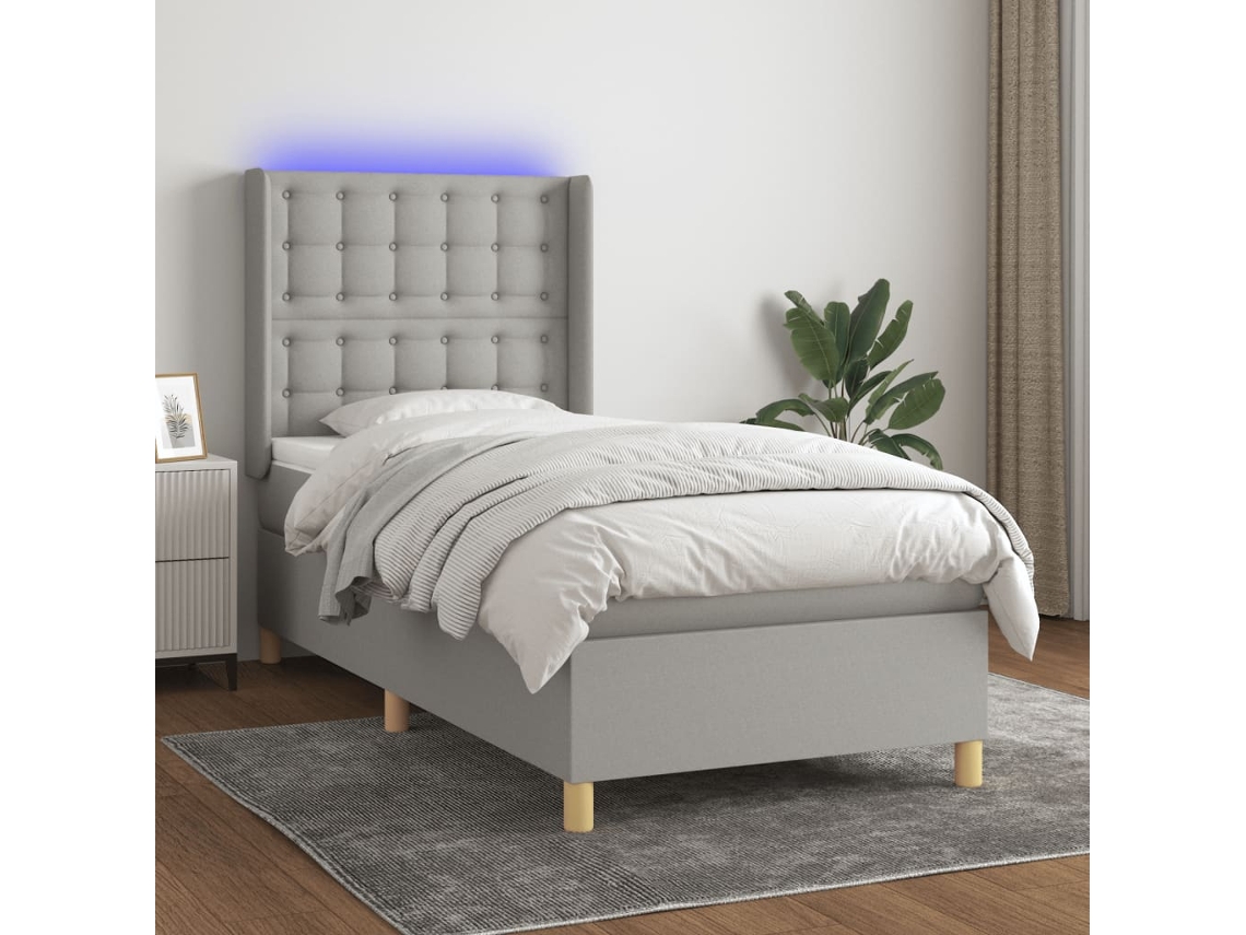 Cama box spring colchón y luces LED tela gris claro 90x200 cm