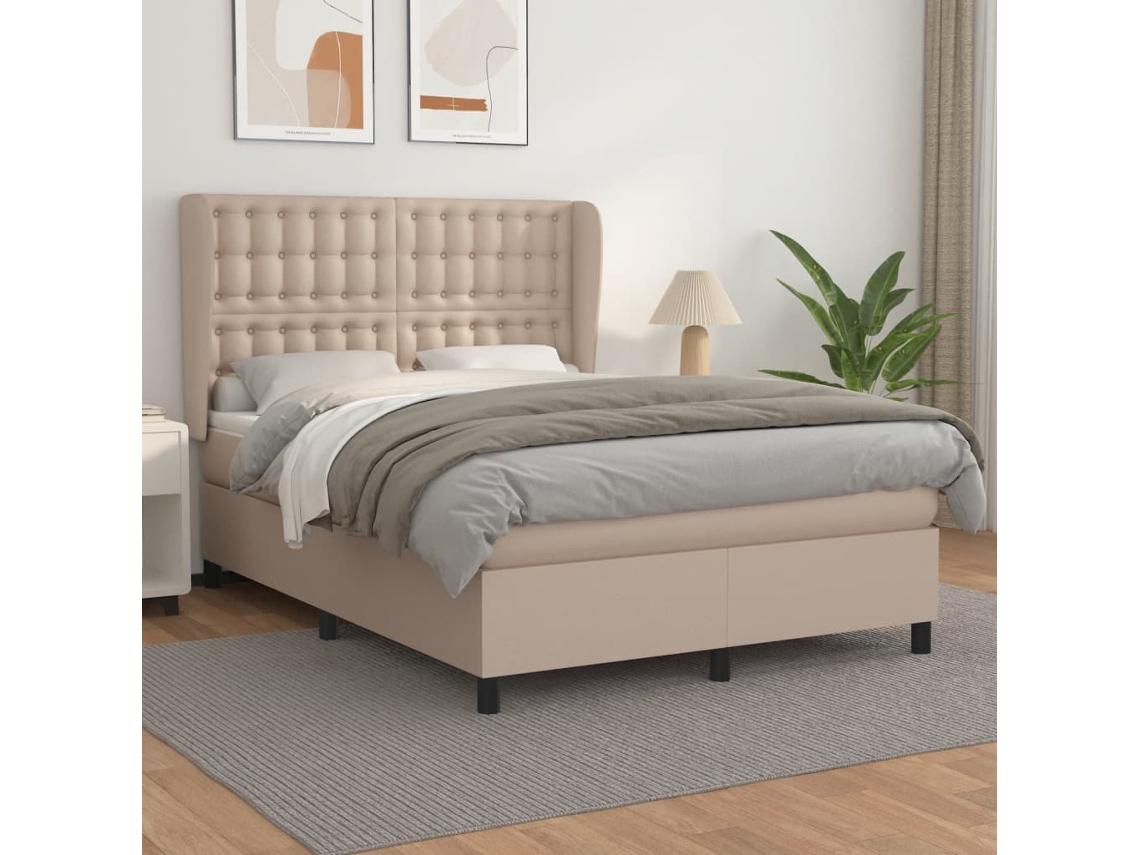 Cama Box Spring Con Colchón Cuero Sintético Capuchino 140x190cm