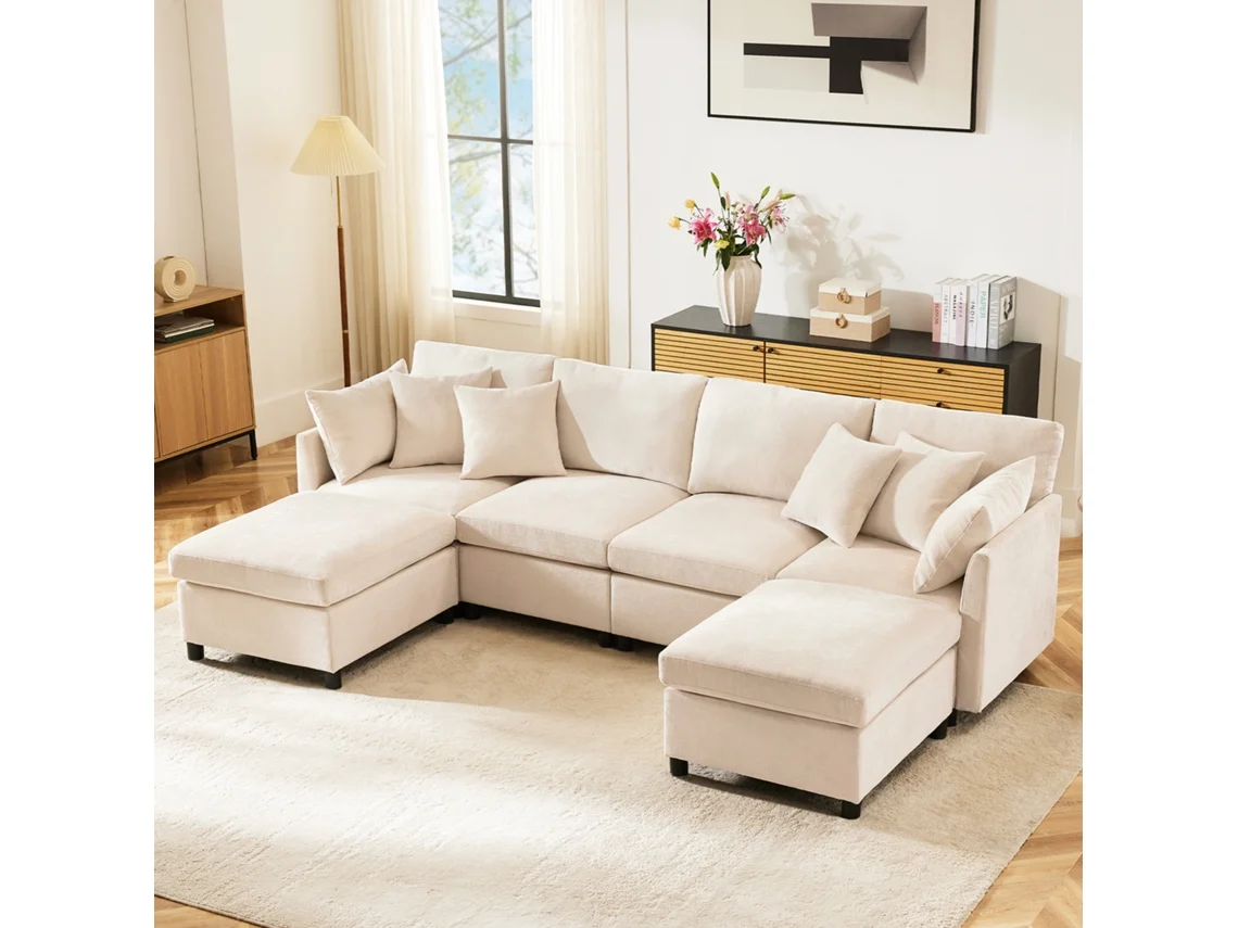Sofá modular 6 plazas en L con reposapiés extraíble, color beige, de la marca Mobrio.
