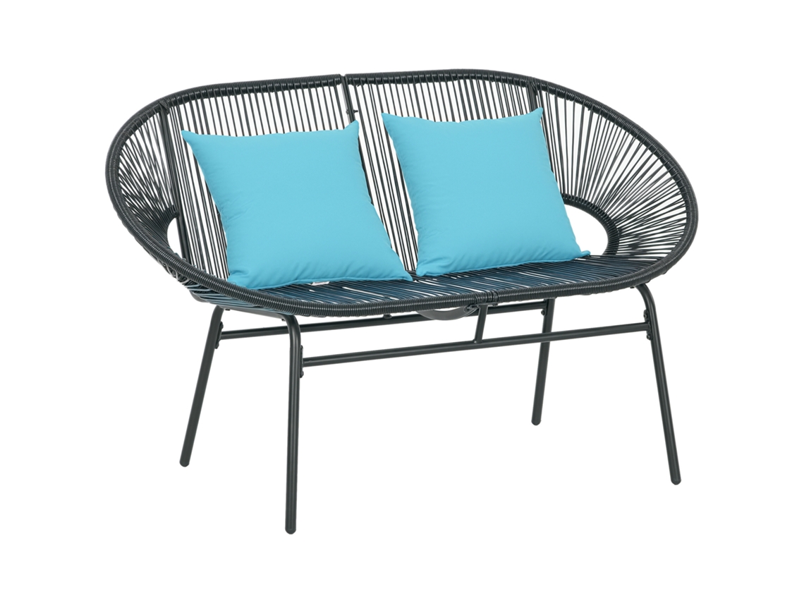 Sofá De Jardín De Ratán De 2 Plazas Con Cojines Y Reposabrazos De Acero Pe, 132x72x83cm, Negro.