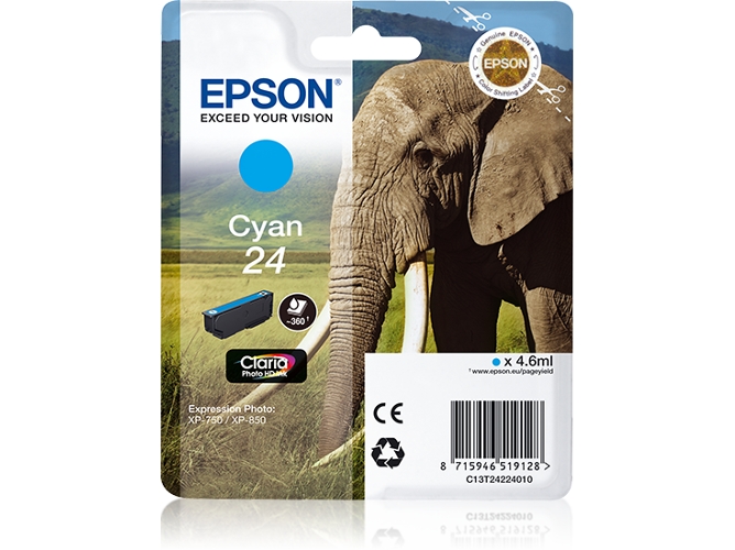 Cartucho de tinta original EPSON, Tinta Claria Photo , 24, Elefante 4,6 ml , Cian, C13T24224022, T2422