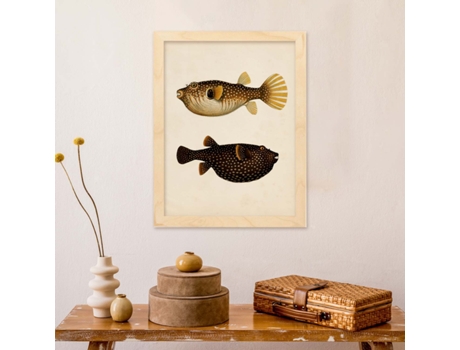 Póster NACNIC de Dos Peces Marron, Naranja, Negro y Amarillo en , Fondo Papel Vintage.