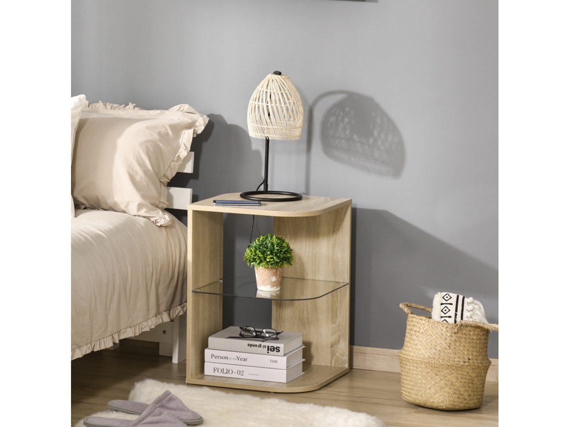 VPMKP - Homcom mesita auxiliar salón moderna/noche 3 estantes tablero de cristal café, 40x40x56 cm, madera natural