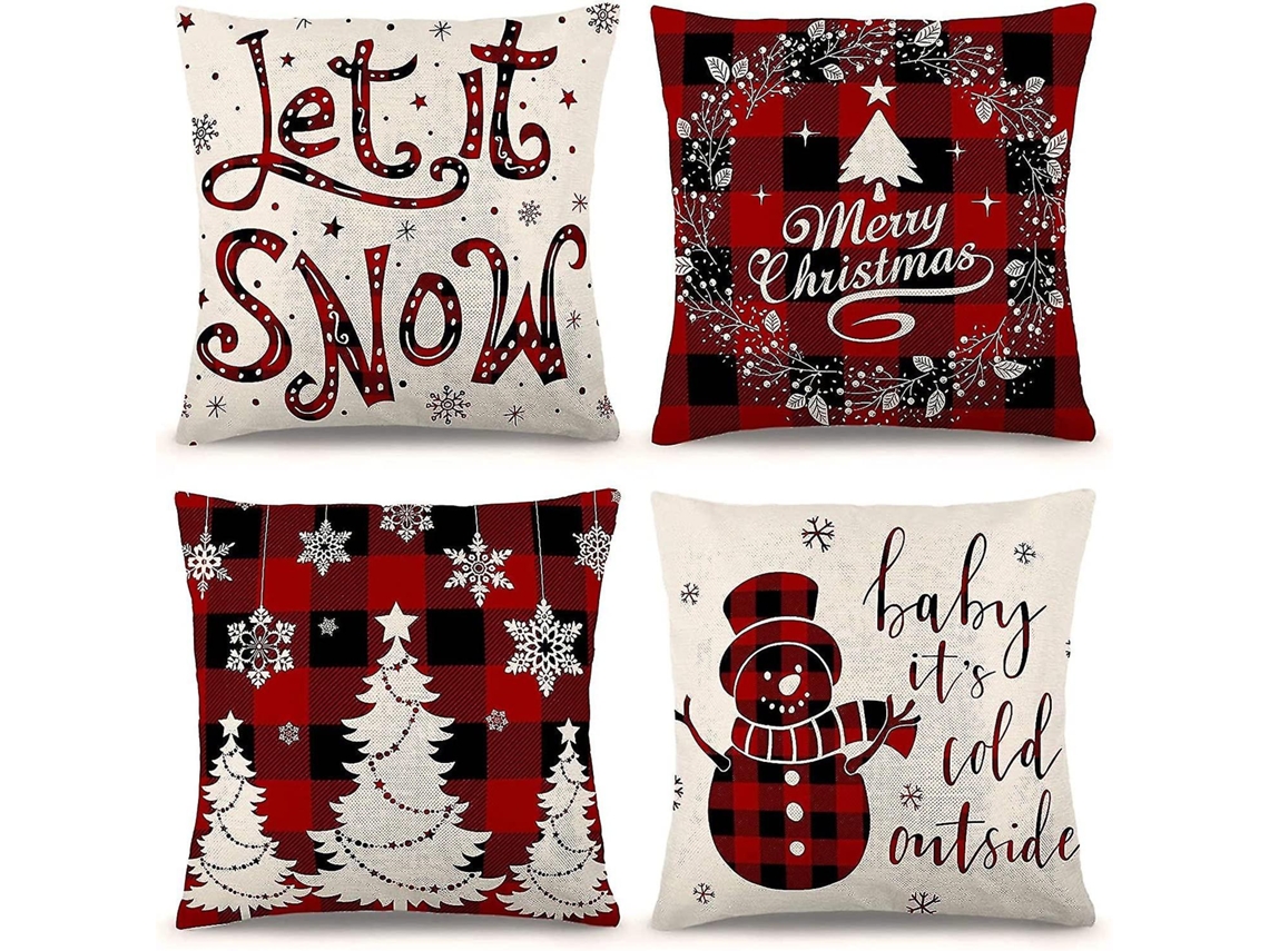 Omni-fundas De Almohada Navideñas 4pcs De Lino Campestre Con Cuadros Rojos Y Negros Para Decoración Navideña Y Hogar