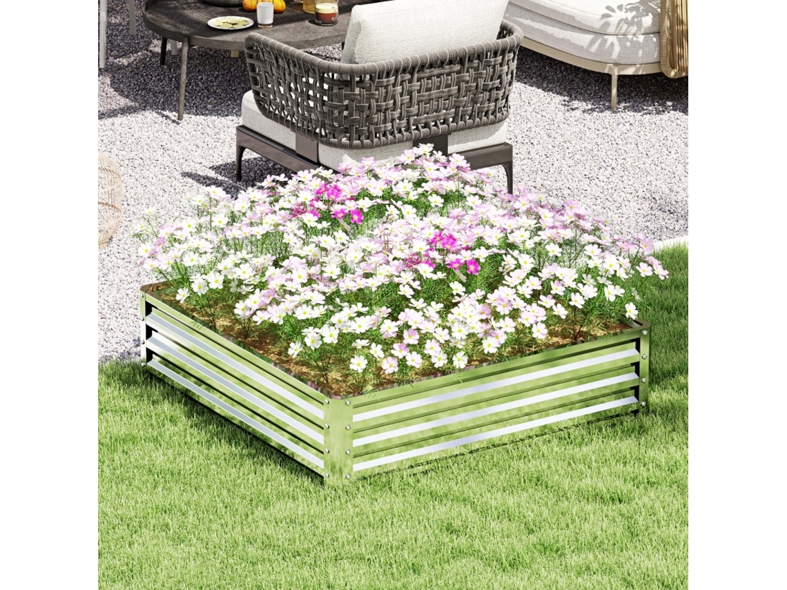 Jardinera elevada, jardinera para huerto, jardinera para jardín, terraza, balcón, acero, color plata, 120 x 120 x 30 cm