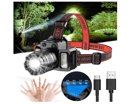 Linterna frontal LED con 5 modos de luz, sensor de movimiento, lámpara frontal con zoom USB impermeable IPX4, linterna frontal ajustable de 360 (ne...