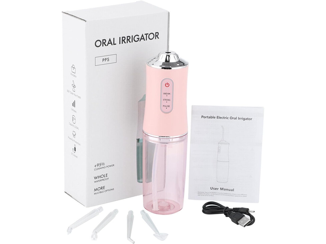Waterflosser Eléctrico Rosa 220ml Sin Cable 4 Puntas Chorro 3 Modos Presión