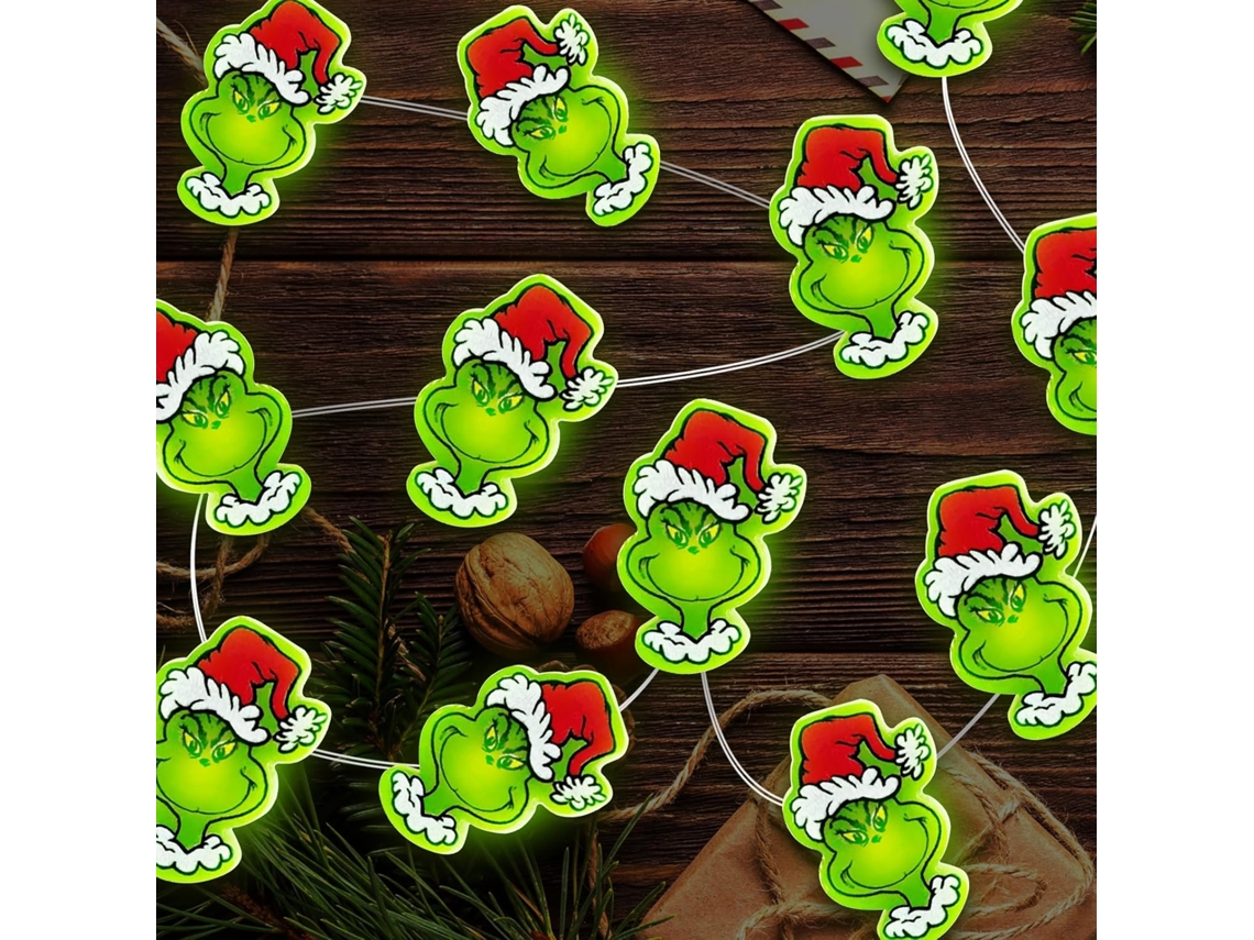 Faroles del Grinch con 40 LED y 4,5 m de luces verdes a pilas para decorar el árbol de Navidad y fiestas.