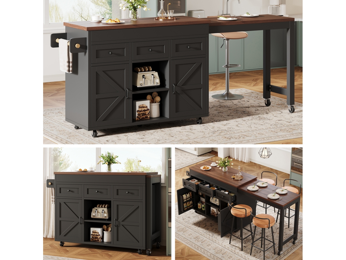 Isla De Cocina Extensible De 131,5 A 210 Cm Con Cajones Giratorios De 360° Y Armarios Negros.