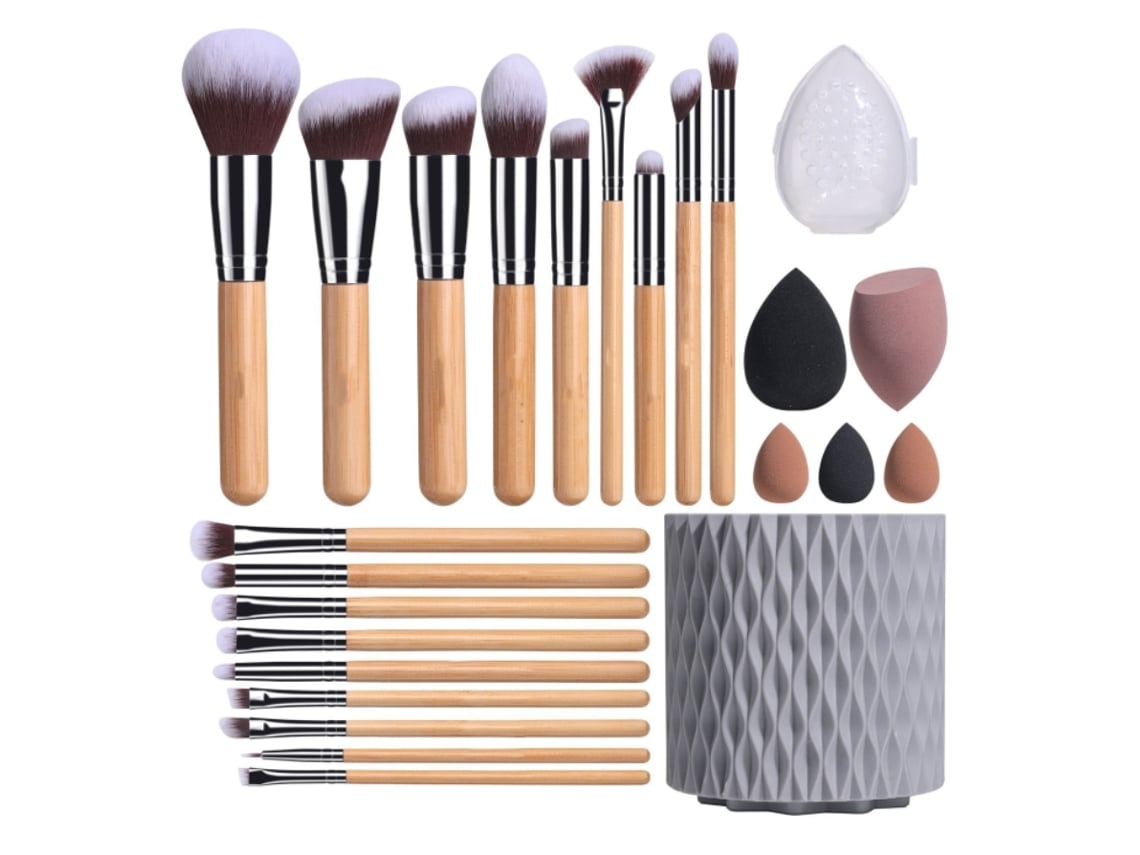 Pinceles de maquillaje premium sintéticos, base, polvos, corrector, sombra de ojos, juego de 18 pinceles con 5 esponjas, color gris Gusshious