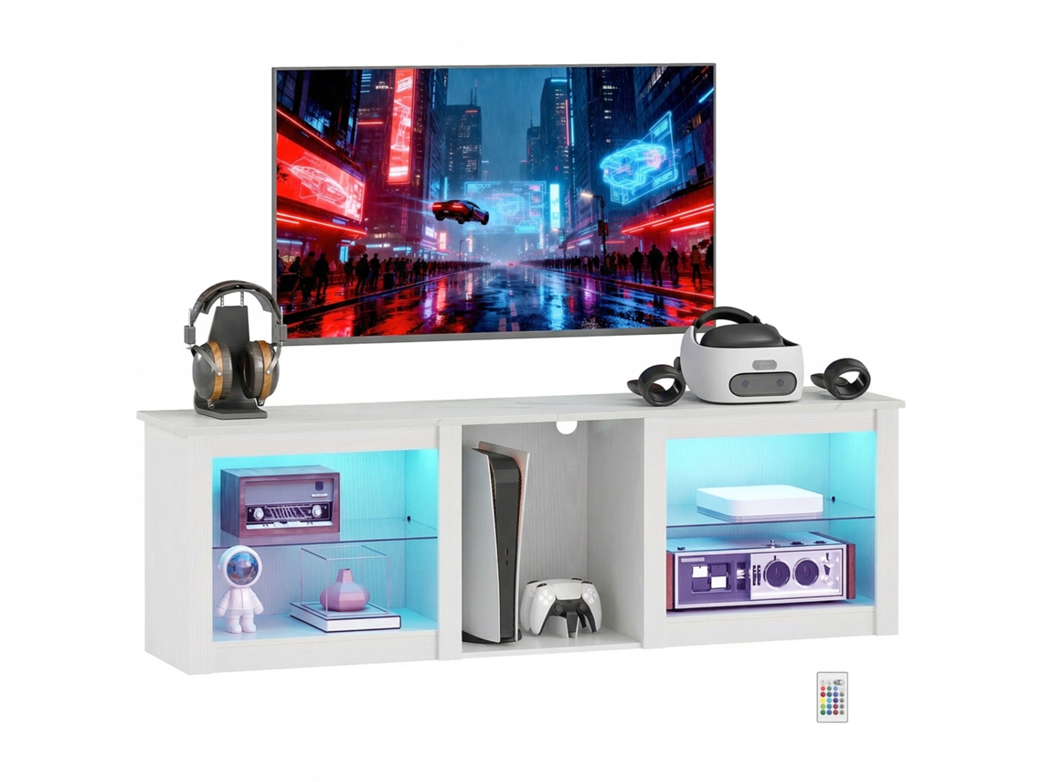 Mueble Para Tv Con Iluminación Led Para Televisores De Hasta 70 Pulgadas (160 Cm) Con Estantes De Cristal Ajustables, Color Blanco.