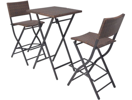 Conjunto 3 Mesa y sillas de jardín plegables VIDAXL acero poli ratán marrón