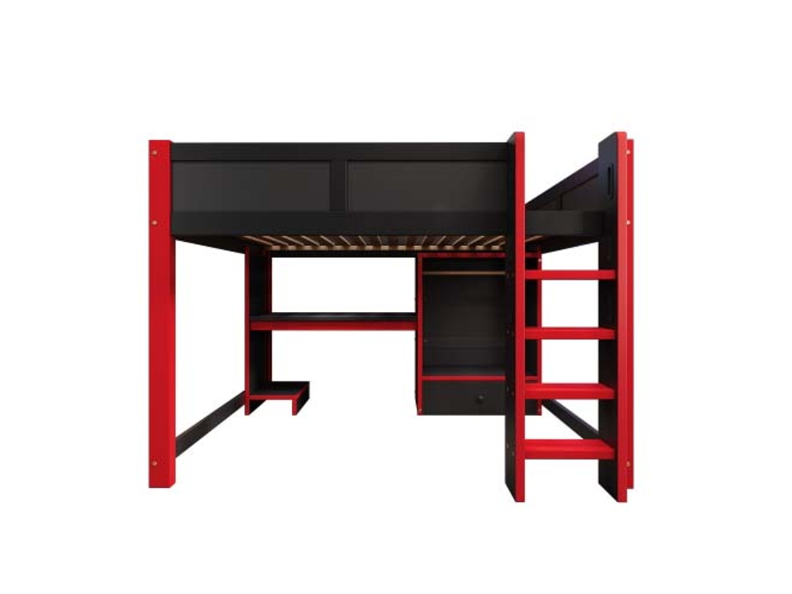Cama alta de 140x200 cm con LED, cama gaming con escritorio, armario y amplios cajones - Negro + Rojo