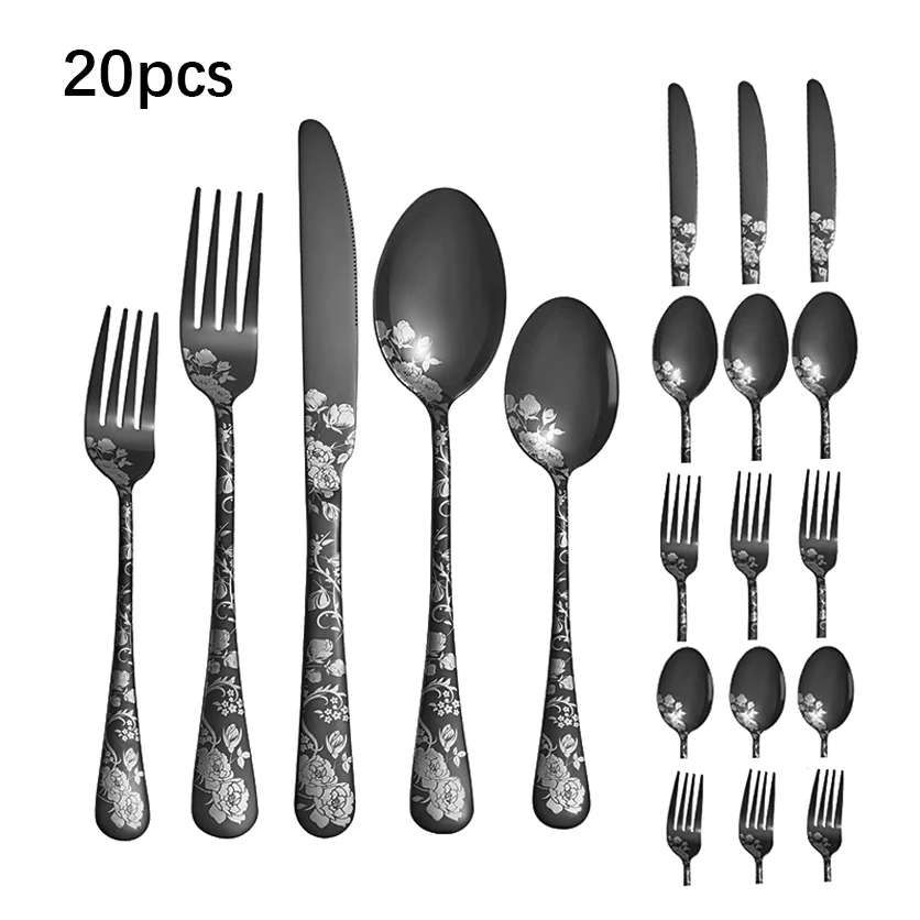 Cubiertos de acero inoxidable, cuchillos, tenedores, cucharas, cuchillos y tenedores para carne estilo hotel occidental MDUG (20 piezas)