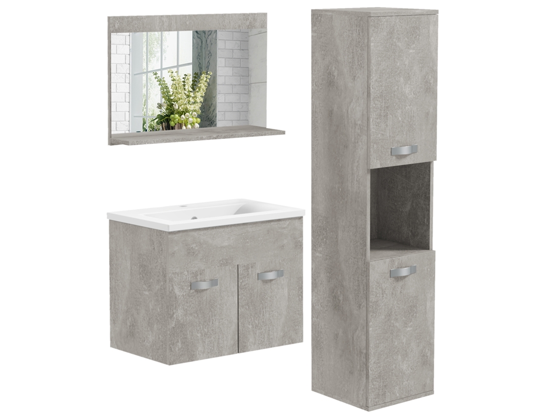 Juego Muebles Baño 4 Piezas Pared Con Espejo Lavabo Armario Gris