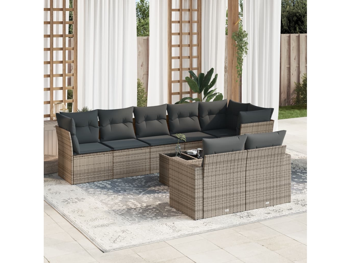 Conjunto de sofá de jardín de 9 piezas con cojines, mimbre gris, DKD Home Decor