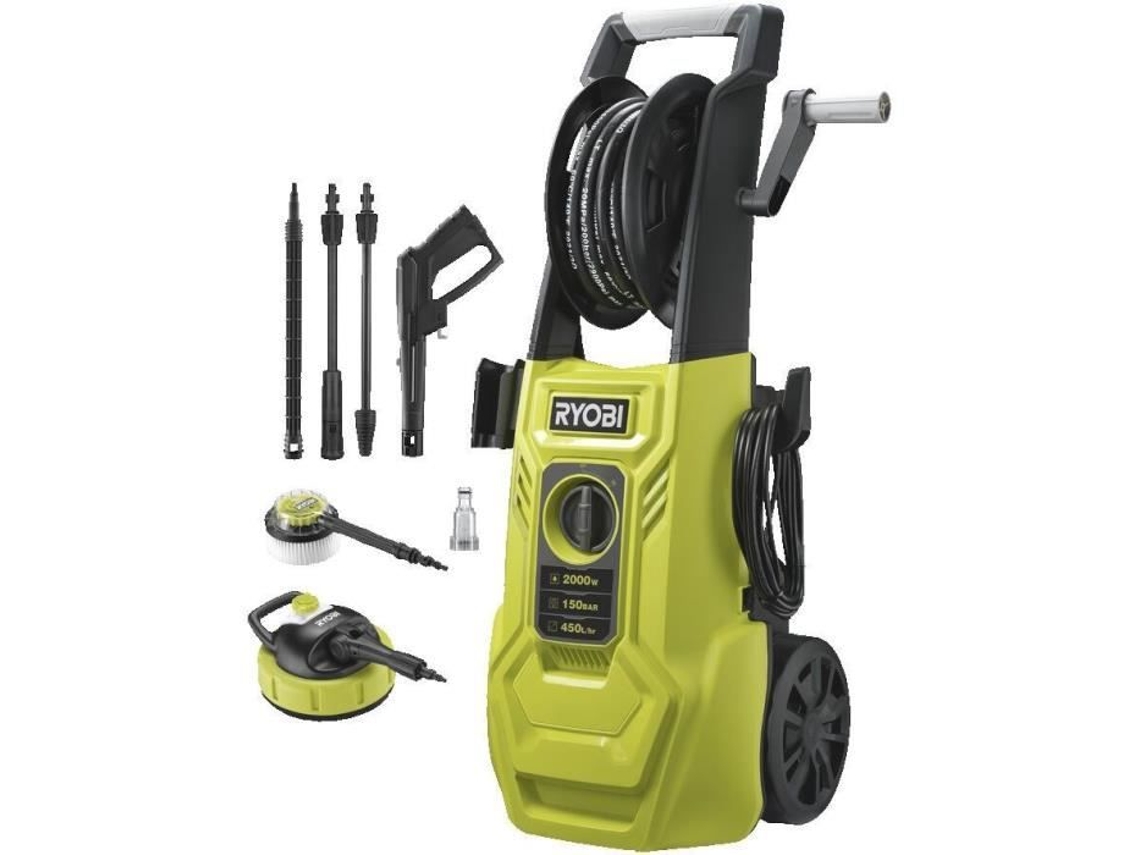 Limpador de alta pressão 2000 W 150 barras 450 L - flexível 8m, carretel, tanque de 0,9 L, lances (vario -turbo), escova rotativa