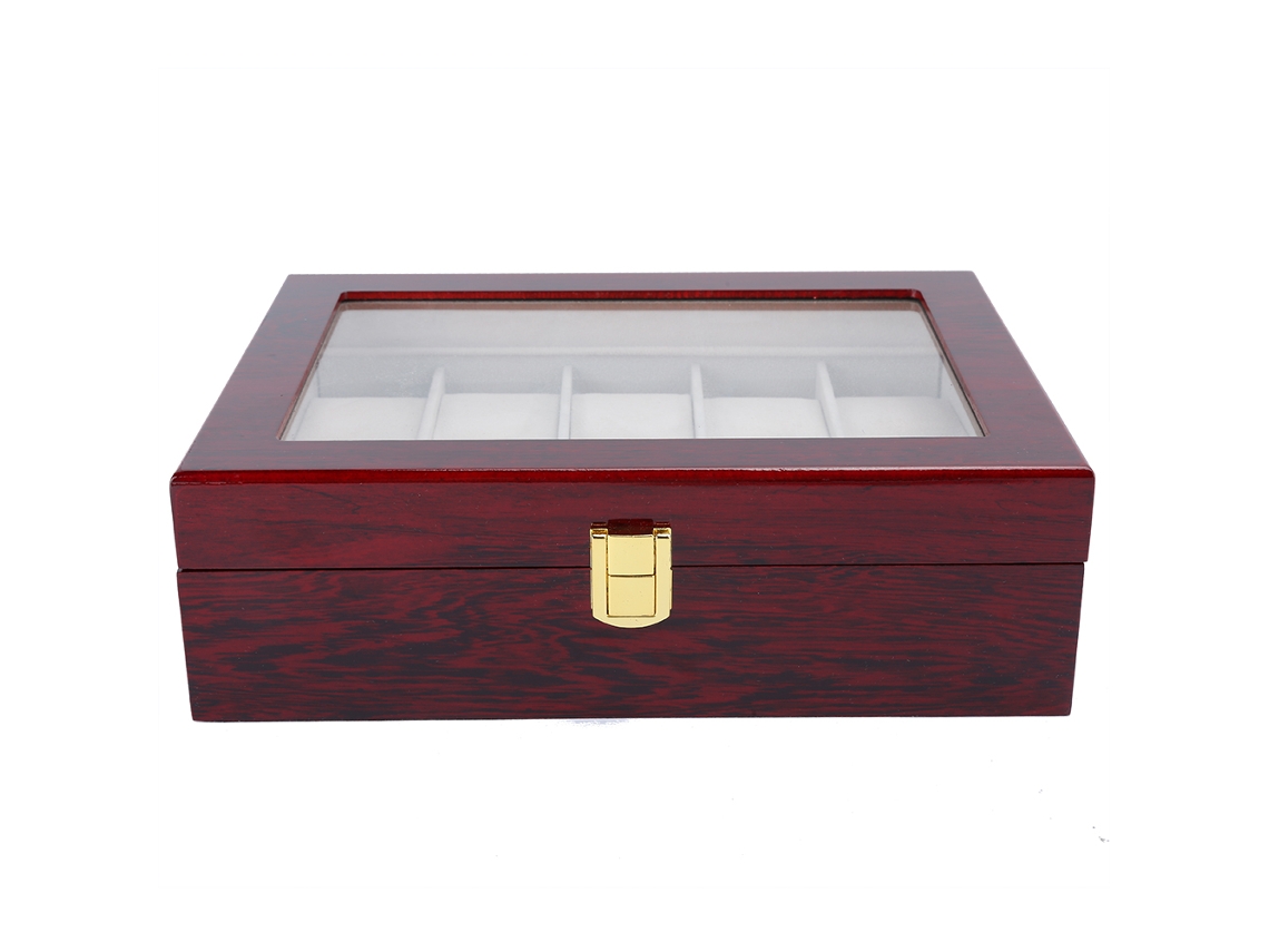 Caja De Madera Para Exhibir Y Guardar Relojes, Con 10 Compartimentos Y Ventana Transparente Roja.