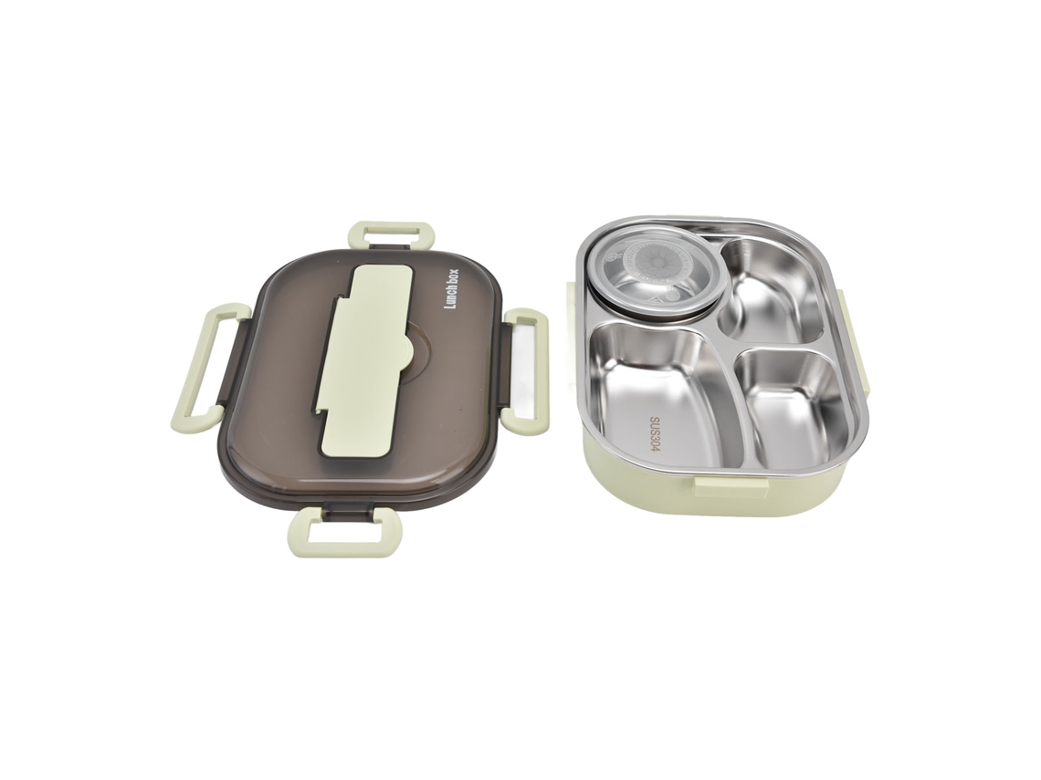 Fiambrera Infantil Portátil De Acero Inoxidable 304, 1,3 L, Con 4 Compartimentos Y Utensilios Verdes.