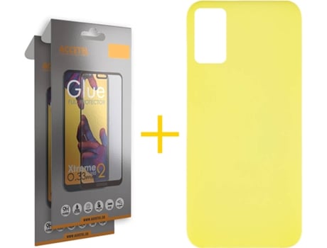 Funda y Protector de Vidrio Full 2 x Samsung Galaxy A41 ACCETEL Silicona Líquida Amarillo