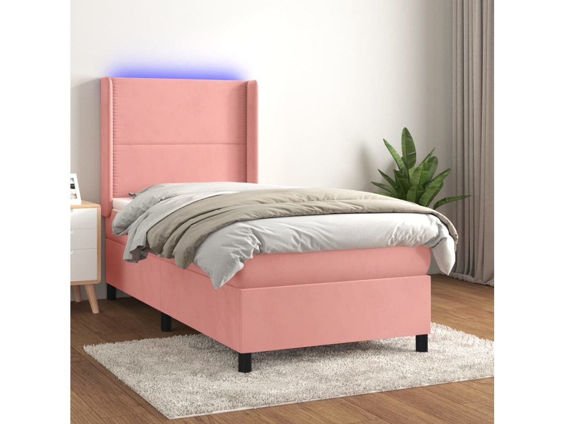 Cama Box Spring Colchón Y Led Terciopelo Rosa 100x200 Cm