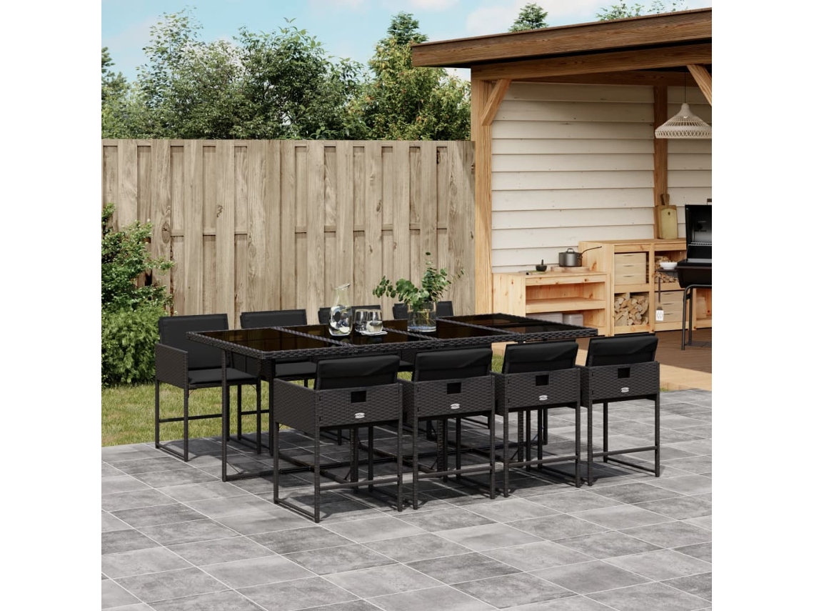 Juego de comedor de jardín de 9 piezas con cojines, mimbre sintético negro, DKD Home Decor