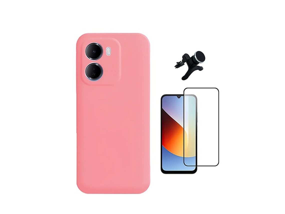 Kit De Película De Cristal Templado De Funda Completa 5d Funda De Silicona Líquida Soporte Coche Magnético Reforzado Phonecare Para Xiaomi Redmi 15a - Rosa