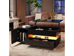 Mesa De Centro 95x50x40 Cm - Elevable, Led, 1 Cajón, 1 Armario, Almacenamiento Oculto - Negro