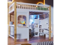 Cama alta 140x200 cm con luces LED, forma de ventana, escritorio, estantería y toma de corriente, mueble blanco natural.