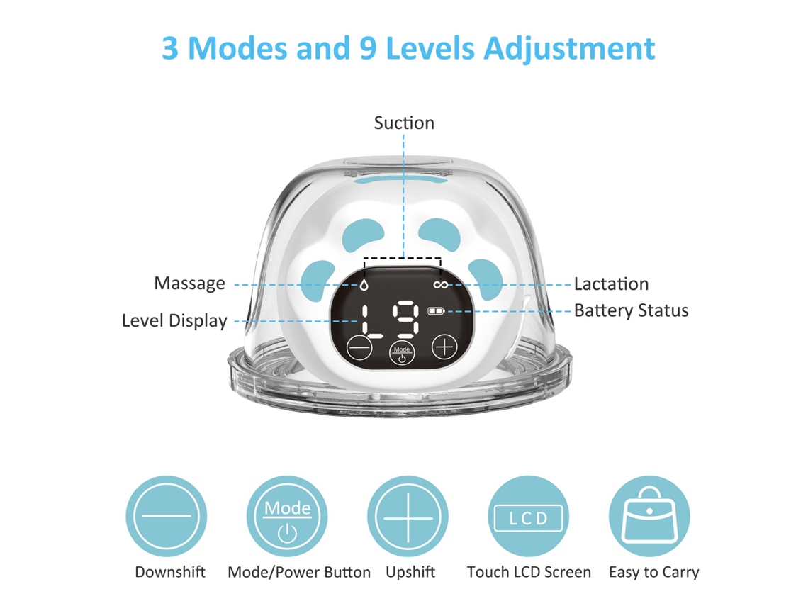 Extractor De Leche Eléctrico Portátil Manos Libres, 3 Modos, 9 Niveles De Succión, 150 Ml.