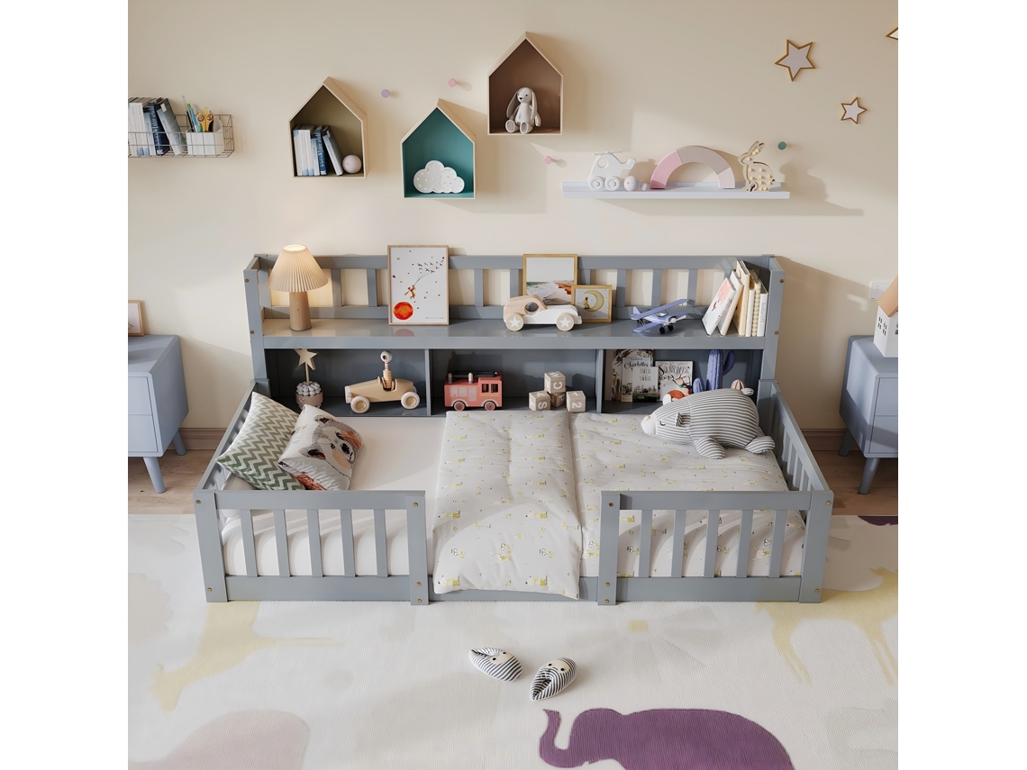 Cama Infantil Montessori De Suelo Madera Maciza Gris | Estante Integrado,3 Compartimentos,barandillas Seguridad,listones Madera,90x200cm Rosahqnda