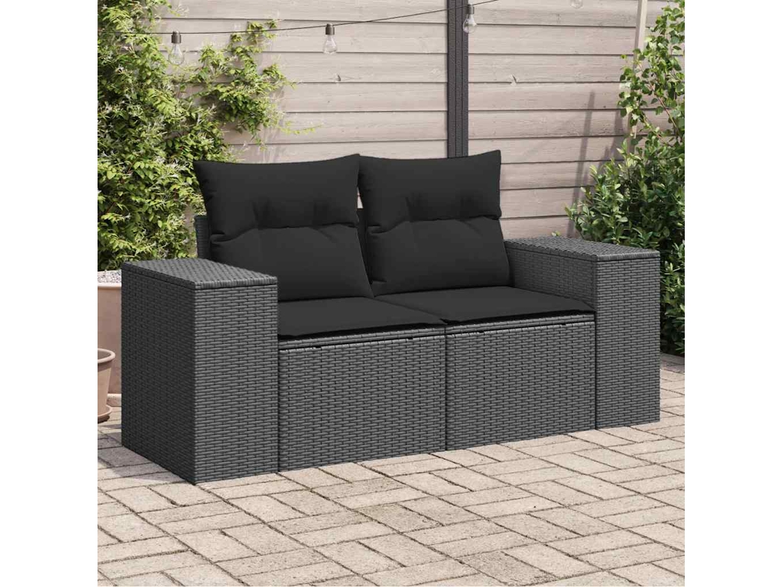 Sofá de jardín de 2 plazas con cojines, mimbre, negro, PE, Dkd Home Decor