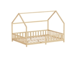 Cama Infantil Ml-design 140x200 Cm Natural Forma De Casa Con Anticaída, Techo Y Somier
