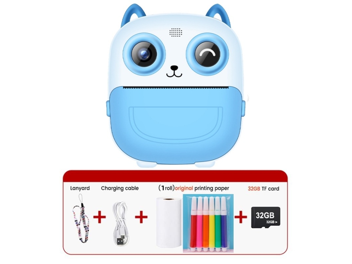 Cámara instantánea, mini cámara de impresión de alta definición 1080P para niños con tarjeta de memoria de 32 GB, color azul Cuich