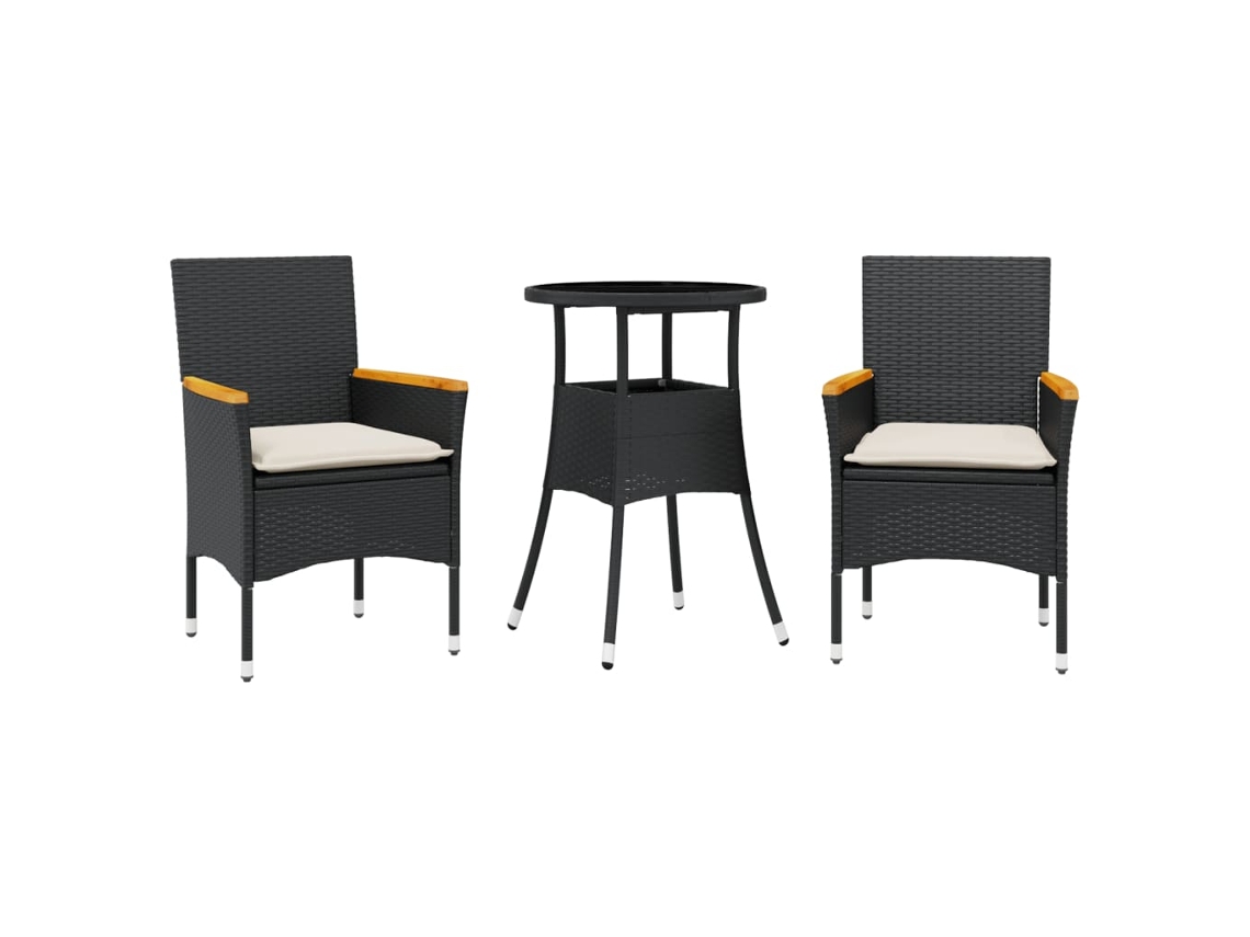 Juego de 3 juegos de comedor de jardín con cojines de mimbre, patas de cristal negro, EXCLUSIVO DE LA CASA