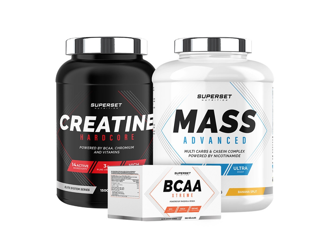 Programa avanzado de pérdida de peso Mass Advanced: 2,5 kg, Banana Split, Hardcore Creatine, 1,5 kg, Naranja, BCAA, Xtreme Superset Nutrition