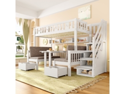 Cama Alta Multifuncional 90x200 cm, Cama y Escritorio 2 en 1, Escalera con Almacenaje, Pasamanos Decorativo con Estrellas y Luna, Mueble Blanco