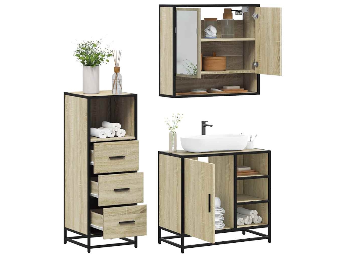 Juego de muebles de baño de 3 piezas, derivados de madera de roble, Sonoma