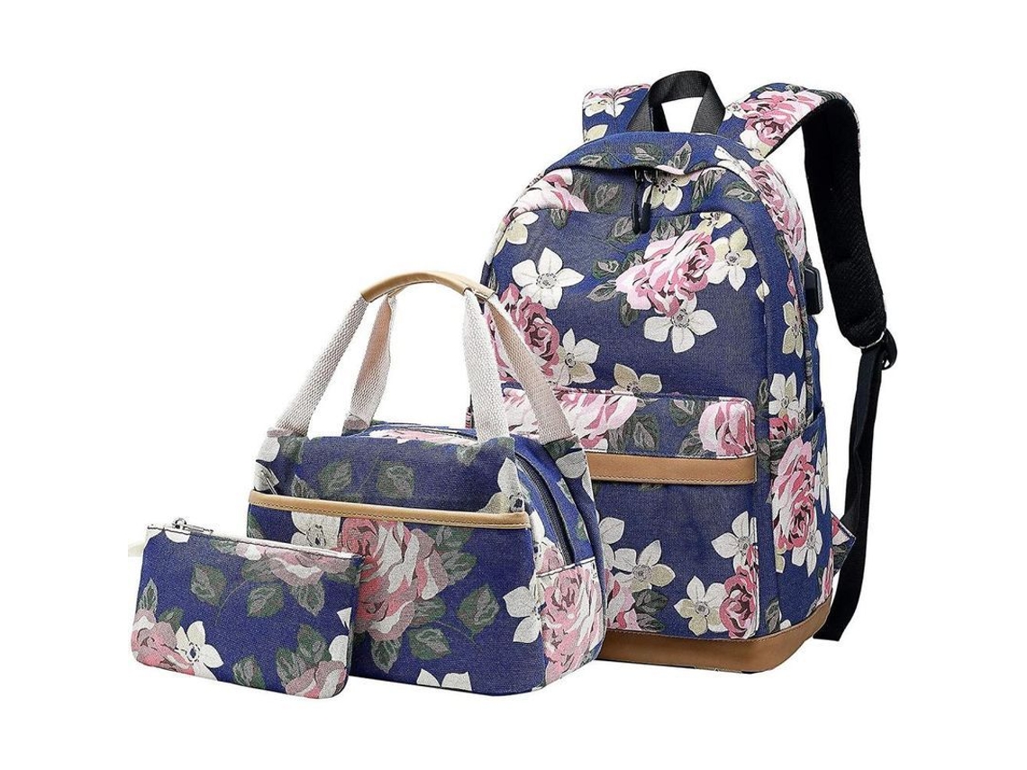 2026-mochila Escolar Floral 3 En 1 Con Lonchera Y Estuche De Lápices Szn Azul