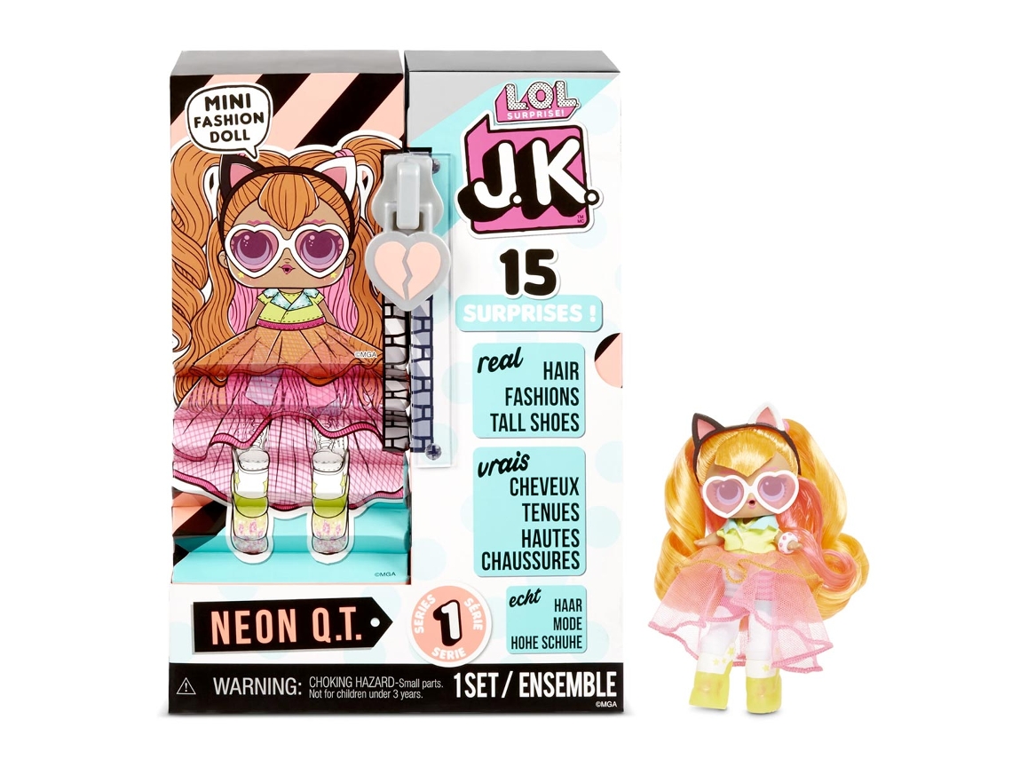 LOL Surprise JK Mini Muñeca Neon QT con 15 Sorpresas