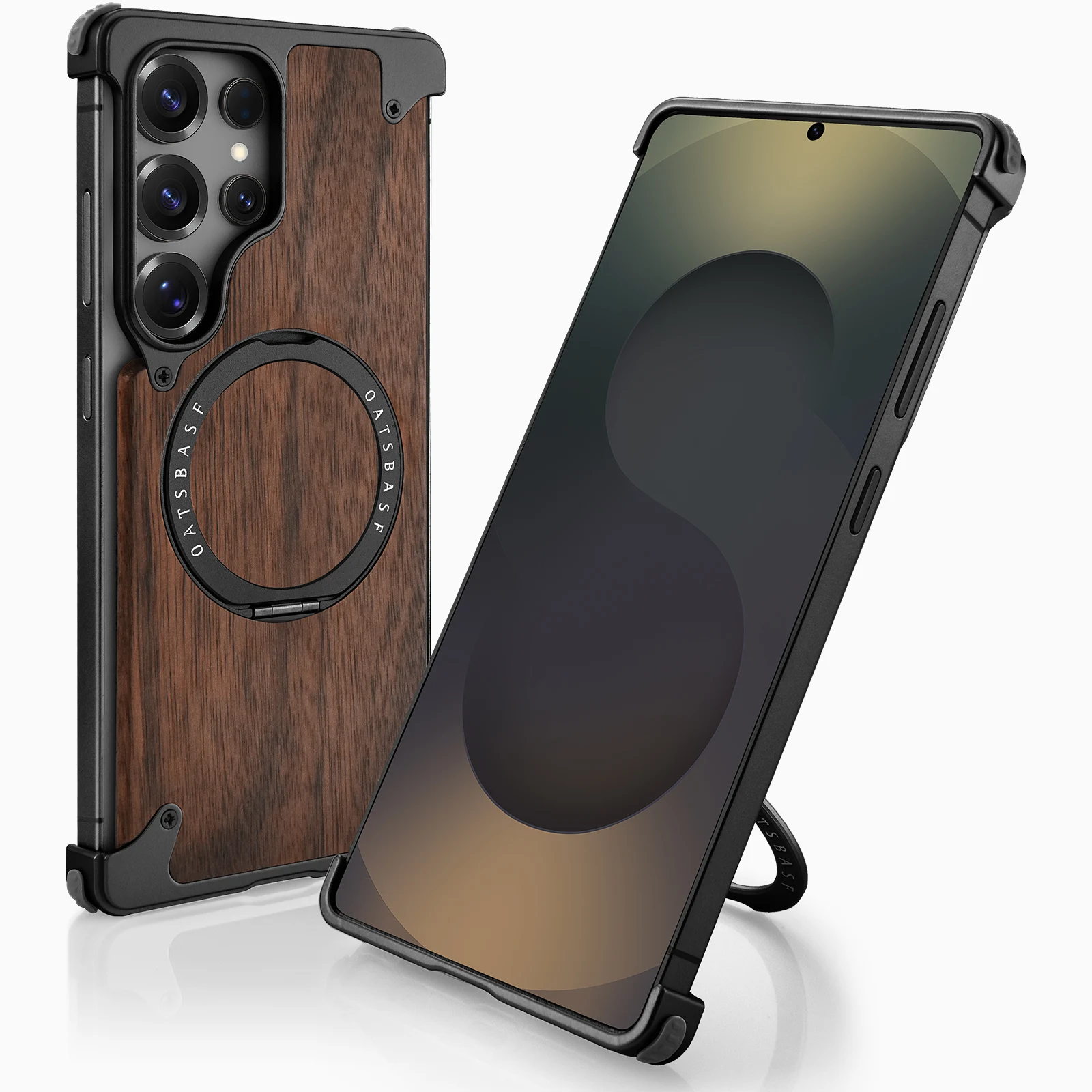 (black Galaxy S24 Ultra) Funda De Madera Para Teléfono Con Soporte Giratorio De 360° Y Protección Antichoque.